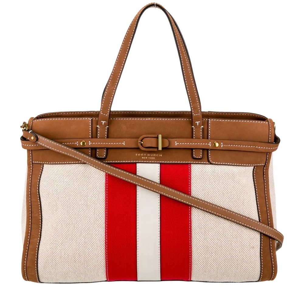 Tory Burch Canvas Tote with Red & Tan Trim